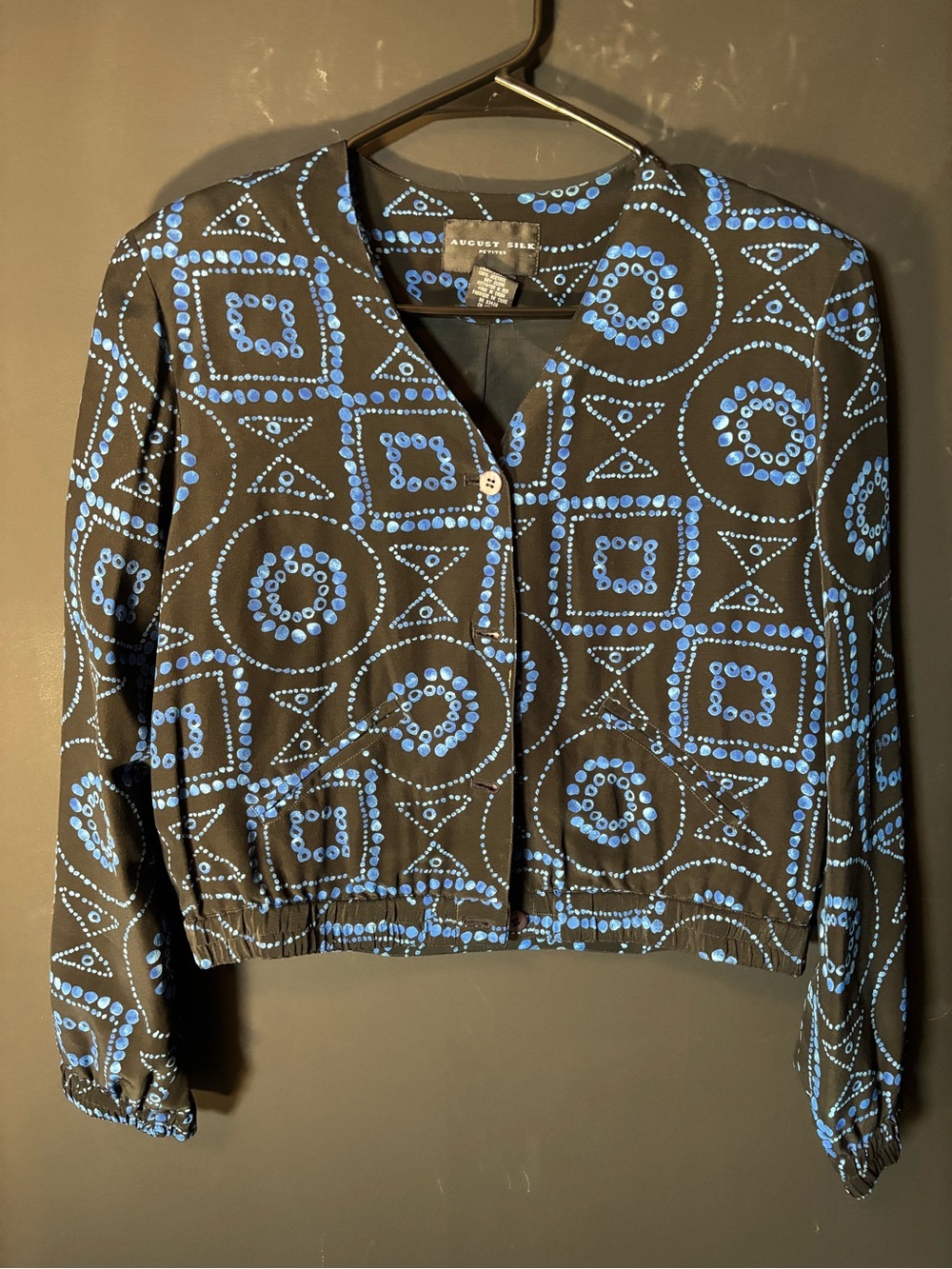 august silk Black Shirt with Blue Dot Pattern 100% silk- size 6